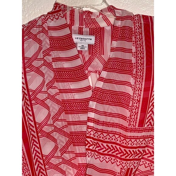 Liz Claiborne Petite PM Red White Sleeveless Printed Wrap Sheer Lightweight - Picture 4 of 14